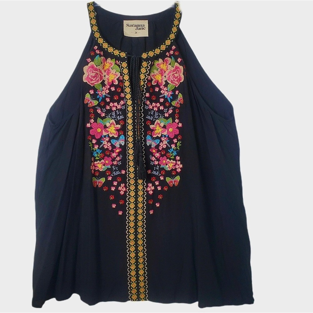 Savanna Jane Black Floral Embroidered Sleeveless Halter Top 2X Boho Tassel